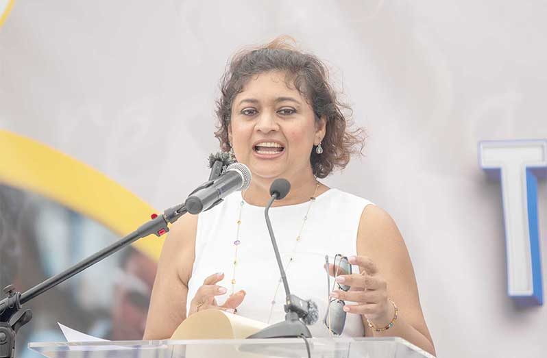 Minister of Education Priya Manickchand speaking on Tuesday at the Ministry of Education’s two-day TVET Fair and Exposition currently being held at the Arthur Chung Conference Centre (Delano Williams photo)