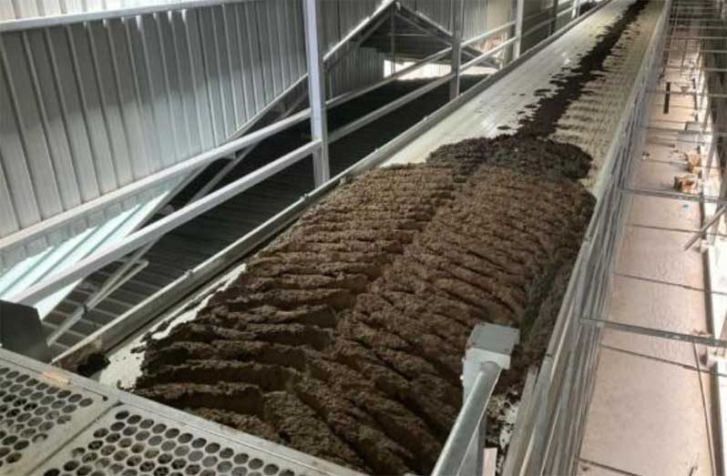 Poultry manure being processed through the Optisec Manure Drying System at Edun’s Poultry Farms in Garden of Eden, East Bank Demerara, Guyana
