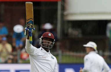 West Indies middle order batsman Marlon Samuels acknowledges the applause of his teammates, after posting another Test half-century during yesterday’s action.