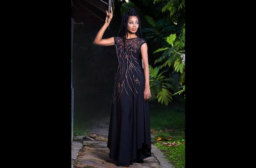 Marcie De Santos modelling one of her own designs