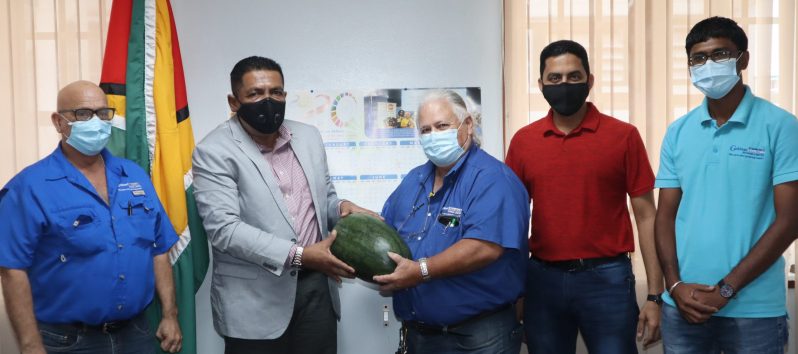 Martin Brock presenting a sample of the yellow watermelon to Minister Zulfikar Mustapha, in the presence of other Ministry and Caribbean Chemicals officials