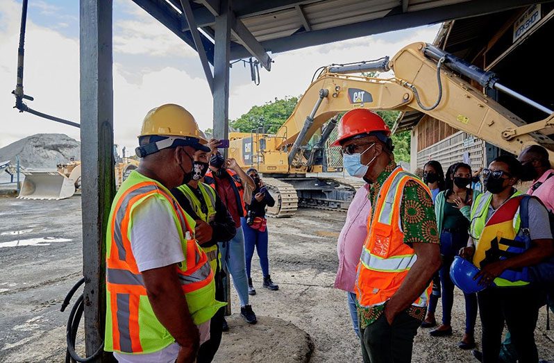Labour Minister, Joseph Hamilton, in discussion with the employees of the St. Mary’s Quarry, in Bartica, Region Seven