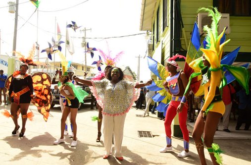 Minister within the Ministry of Natural Resources, Ms Simona Broomes (out front) at the launch of the ministry’s ‘Mash’ band on Wednesday (Photo by Adrian Narine)