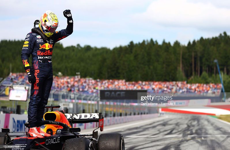 Race winner, Max Verstappen of the Netherlands and Red Bull Racing celebrates in parc ferme during the F1 Grand Prix of Austria at Red Bull Ring on July 04, 2021 in Spielberg, Austria. (Photo by Dan Istitene - Formula 1/Formula 1 via Getty Images)