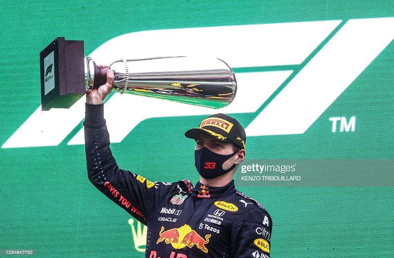 The race winners trophies of Max Verstappen of Netherlands and Red