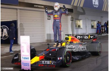 Red Bull's Max Verstappen celebrates after winning the Formula One Japanese Grand Prix on Oct. 9, 2022, at Suzuka Circuit in Suzuka, Mie Prefecture. (Photo by Kyodo News via Getty Images)