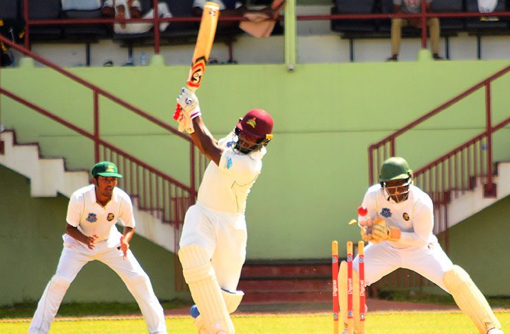 Kyle Mayers is bowled by left-arm spinner Veerasammy Permaul (not in picture) after going for a huge shot. (Adrian Narine photo)