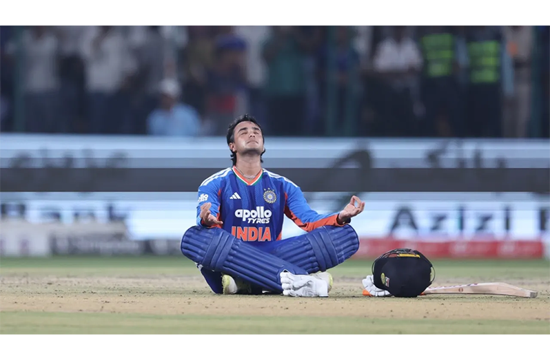 Abhishek Sharma celebrates his hundred with a meditation pose  •  BCCI