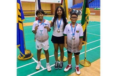 Guyana’s medal winners (from left to right) Joel Rambirichie , Mishka
Beharry and Liam Brummel