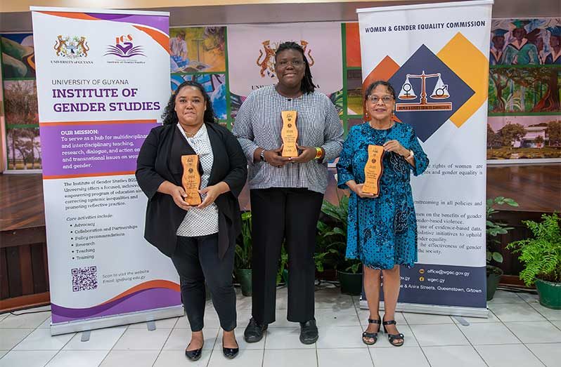 Khadidja Ba of Stabroek News took first prize (centre), with fellow Stabroek News reporter Miranda La Rose (right) securing second place, while Danielle Swain (left) of News Room Inc. won third place. The awards recognise journalism that places gender at the centre of the story, highlighting real-life struggles, triumphs, and social issues in Guyana. (Delano Willliams photo)