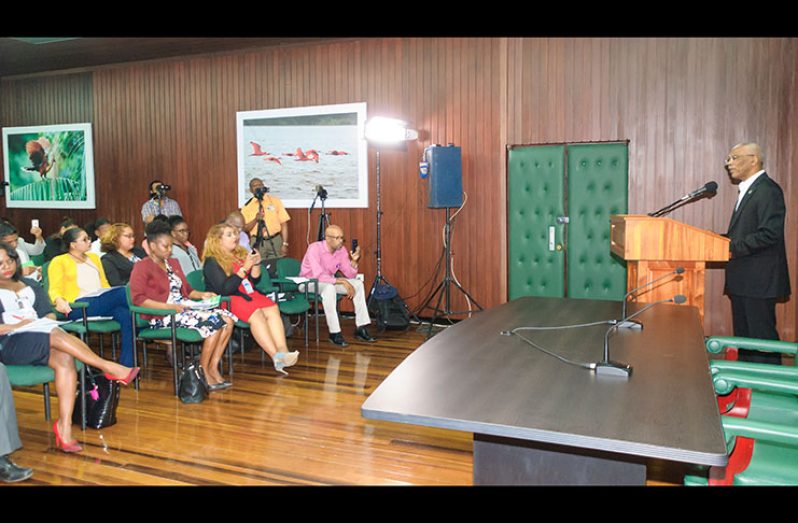 President David Granger addresses members of the media for the first time this year. (Delano Williams photo)