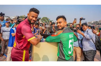 Shai Hope and Mehidy Hasan Miraz make an appearance for the photographers a day out from the first ODI  •  BCB