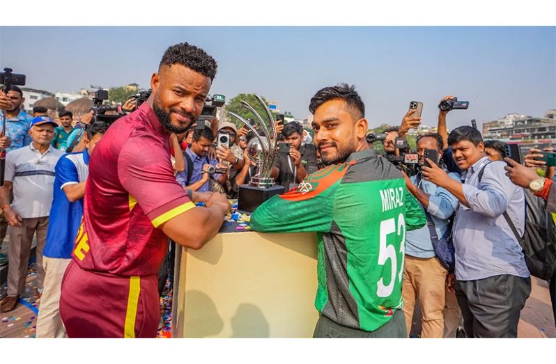 Shai Hope and Mehidy Hasan Miraz make an appearance for the photographers a day out from the first ODI  •  BCB