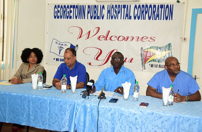 At left: GPHC Chair Kesaundra Alves; GPHC Director, Dr Sheik Amir; GPHC acting CEO, Brigadier (retired) George Lewis; and Dr John Mitchell at the press briefing Thursday