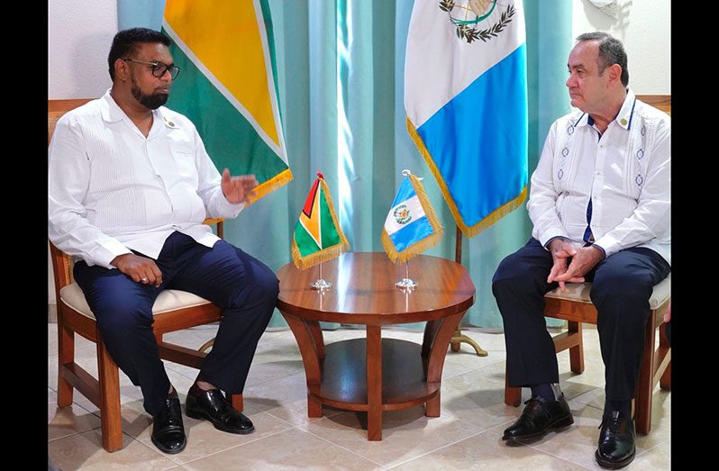 President, Dr Irfaan Ali and President of Guatemala, Alejandro Giammattei in discussion on Thursday (Office of the President photo)