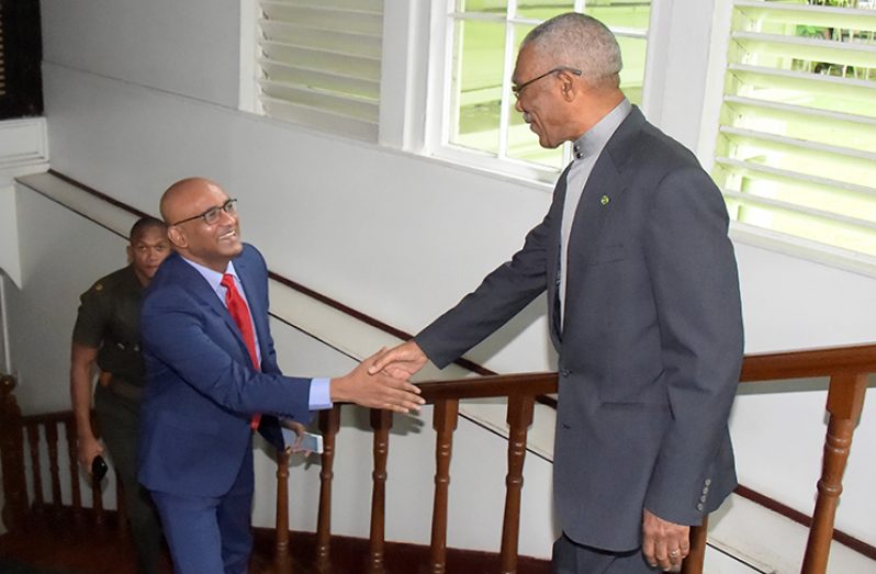 President David Granger, Minister of State, Joseph Harmon; and Attorney General and Minister of Legal Affairs, Basil Williams in discussion with the Opposition Leader Bharrat Jagdeo, former Attorney General, Anil Nandlall and Opposition Chief Whip, Gail Teixeira on the appointment of the Public Service Commission and the Police Service Commission.