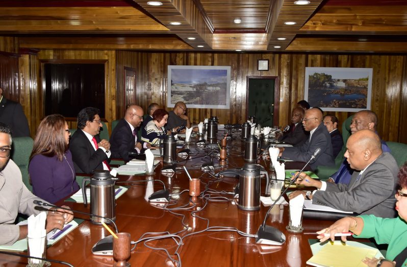 President David Granger and his team of ministers meeting with Opposition Leader, Bharrat Jagdeo and his team during the meeting on Wednesday (Ministry of the Presidency Photo)