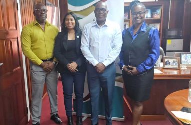Archery and GSSF’s Vidushi Persaud-McKinnon and Director of Sport Steve Ninvalle, second and third left, respectively, with Assistant Directors Frankie Wilson (left) and Melissa Dow-Richardson (fourth left)