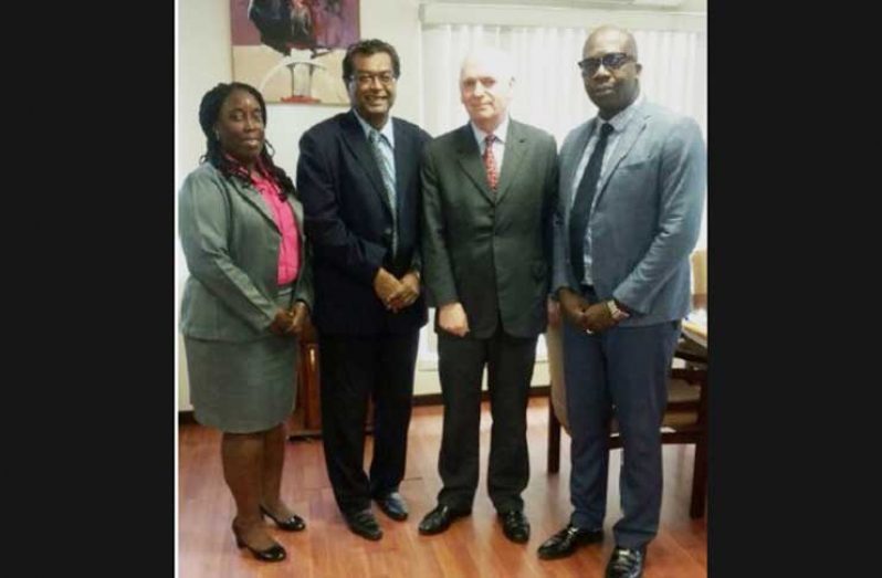 L-R: Permanent Secretary in the Ministry of Public Security, Daneilla Mc Calmon; Vice President & Minister of Public Security, Khemraj Ramjattan; Consultant, Peter Pursglove, S.C. and Project Manager, CSSP, Clement Henry