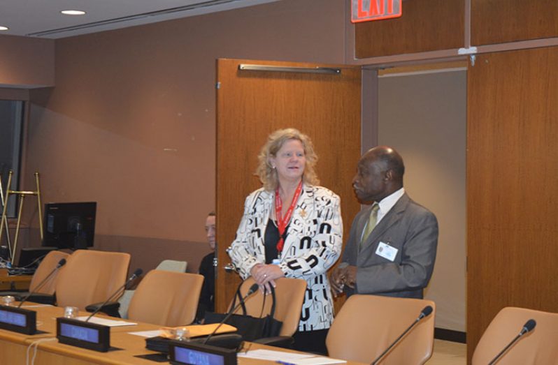 Vice President and Minister of Foreign Affairs, Carl Greenidge, speaking with Canadian High Commissioner to the United Kingdom, Janice Charette, just before the commencement of the Commonwealth Ministerial Advisory Group Meeting.