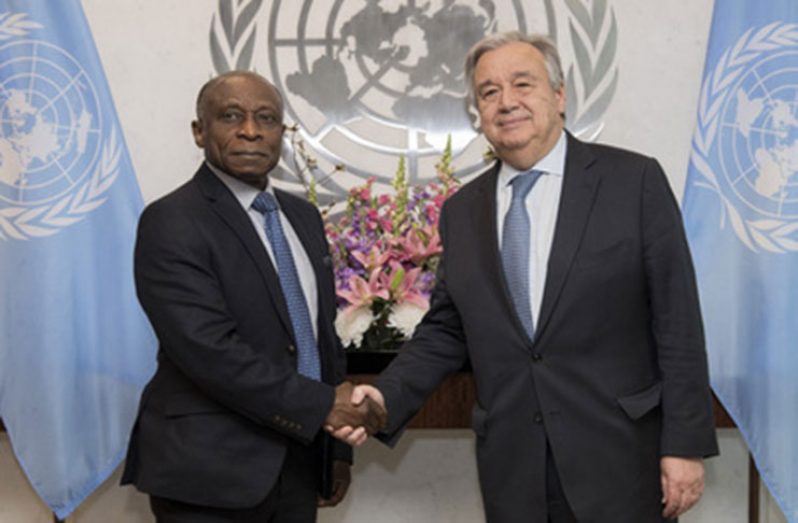 Secretary-General António Guterres (right) meets with Carl Greenidge, Vice-President and Minister of Foreign Affairs of Guyana.