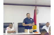 Minister of Natural Resources, Vickram Bharrat, speaks at the meeting with miners and loggers in Region Two