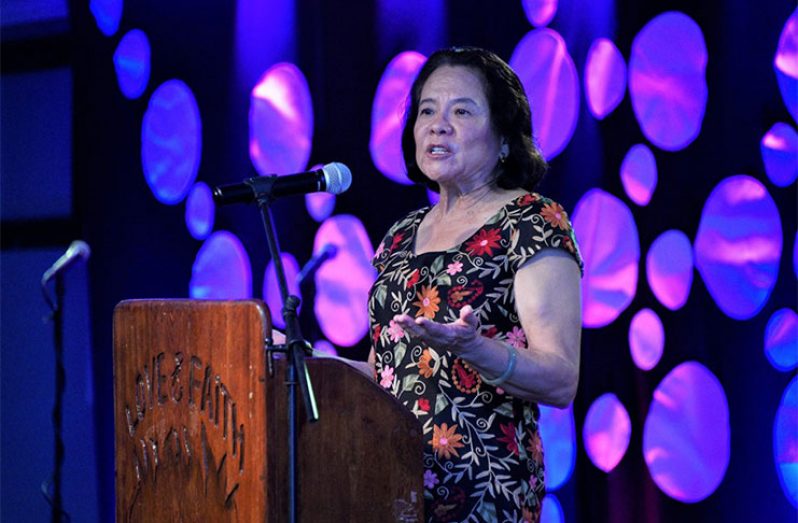 First Lady Sandra Granger delivering remarks at the Youth Conference held at the Love and Faith World Outreach Ministry in Sophia [Ministry of the Presidency photo]