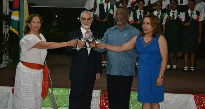 Sharing a toast to Mexico are, from left: Deputy Head of Mission at the Mexican Embassy, María-Elena Alcarez;, Mexican Ambassador Francisco Olguin Uribe; Prime Minister Samuel Hinds, and Foreign Affairs Minister Carolyn Rodrigues-Birkett