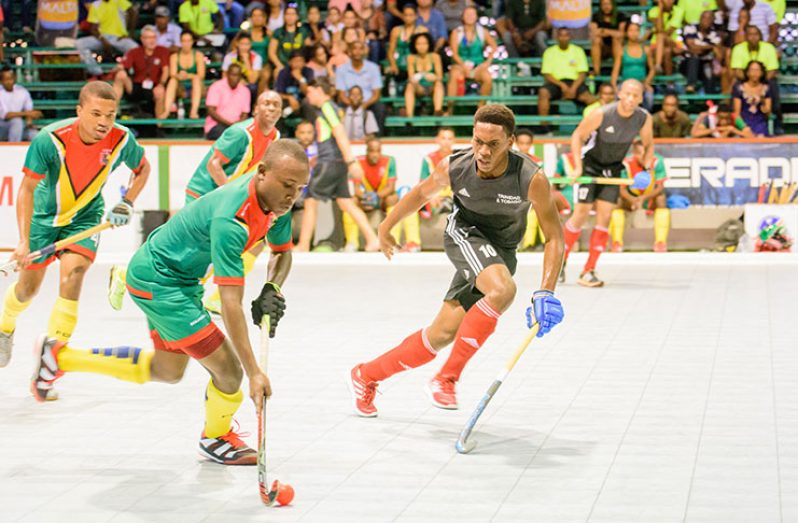The Guyanese were outplayed by the Trinidadians on day two of the Pan American Hockey Federation’s Indoor tournament. (Samuel Maughn photo)