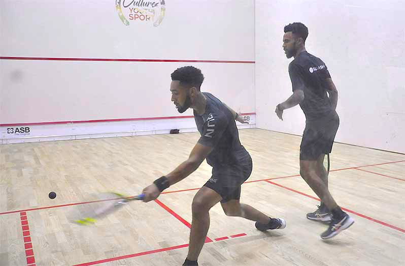 Southpaw Samuel Ince-Carvalhal (left) plays a forehand in a losing effort against his cousin Daniel Ince in the 2025 men’s singles final (Sean Devers photos)