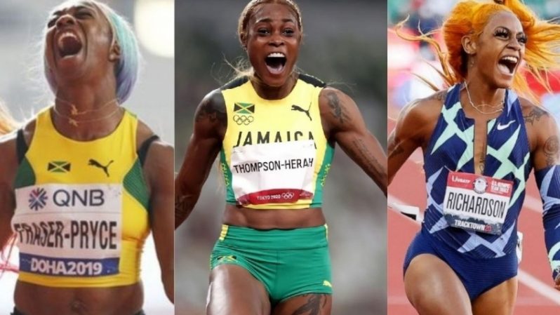 Shelly-Ann Fraser-Pryce (left), Elaine Thompson-Herah (centre) and Sha ‘Carri Richardson