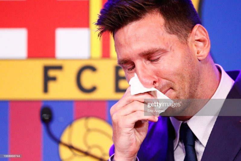 Lionel Messi of FC Barcelona faces the media during a press conference at Nou Camp on August 08, 2021 in Barcelona, Spain. (Photo by Eric Alonso/Getty Images)