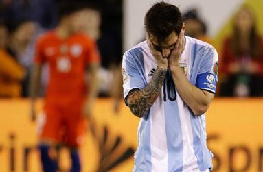Argentina superstar Lionel Messi reacts after his miss during the penalty-kicks phase of Sunday' NIGHT’S Copa final.