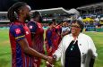 Barbados Prime Minister, Mia Mottley, greets Antigua & Barbuda Falcons player, Shamar Springer, ahead of the CPL final at Kensington Oval Photo: CPL