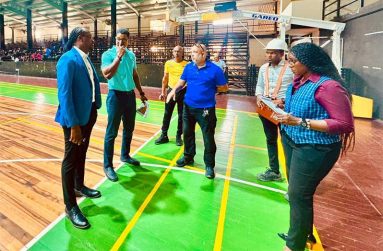 GBF President Michael Singh (third left), along with Minister Steven Jacobs (first left) and other GBF and Ministry of Culture, Youth and Sport officials during a recent visit to the Cliff Anderson Sports Hall