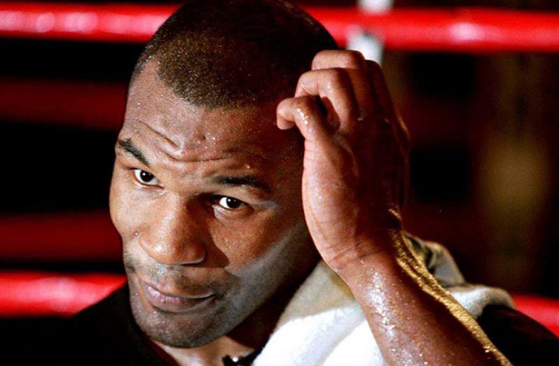 Mike Tyson takes questions during a press conference at the MGM Grand Hotel in Las Vegas ahead of his WBA heavyweight title rematch against Evander Holyfield. (REUTERS/Stringer)