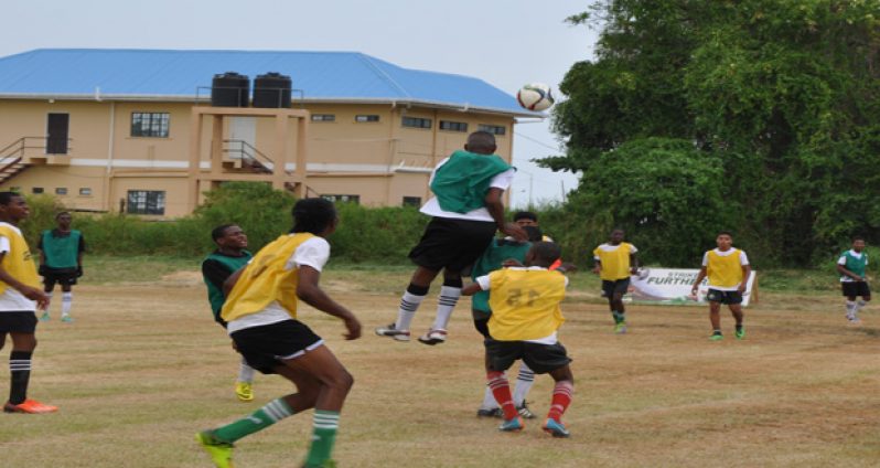 This Charlestown Secondary player goes airborne to head the ball, during his side’s 3-1 loss to St Rose’s High School.