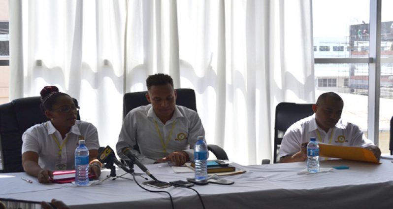 Members of the National Mine Workers’ Union of Guyana, at yesterday’s press conference. The organisation’s President Sherwyn Downer is at centre