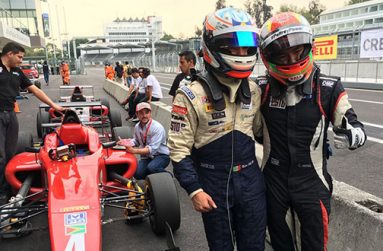 Calvin Ming (right) stands with team-mate Axel Matus following the first race of the final round of F4 action in Mexico. Behind them is Calvin’s F4 Machine.