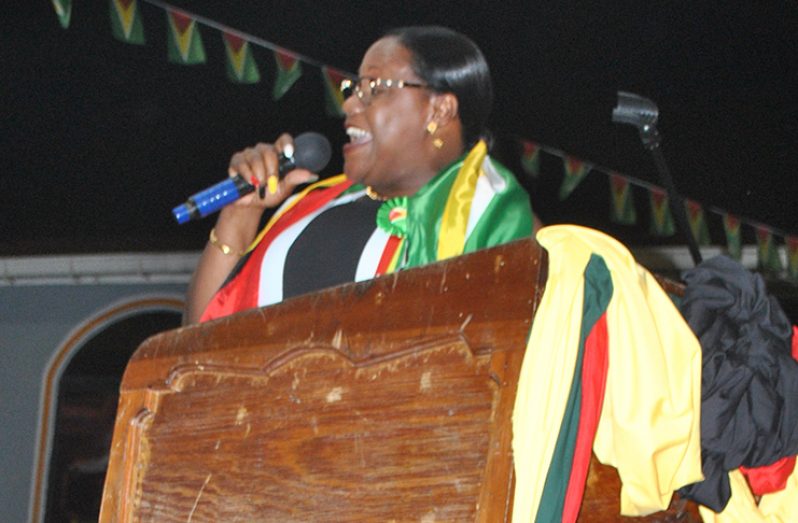 Minister within the Ministry of Natural Resources Simona Broomes, giving her remarks at the Linden flag-raising ceremony on Thursday evening
