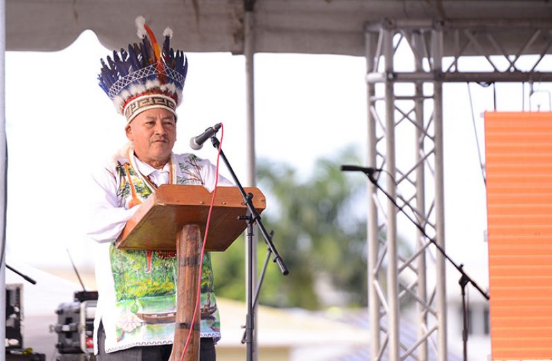 Minister of Indigenous People’s Affairs, Sydney Allicock, delivering remarks at the launch of the 2019 Indigenous Heritage Month (Samuel Maughn photo)