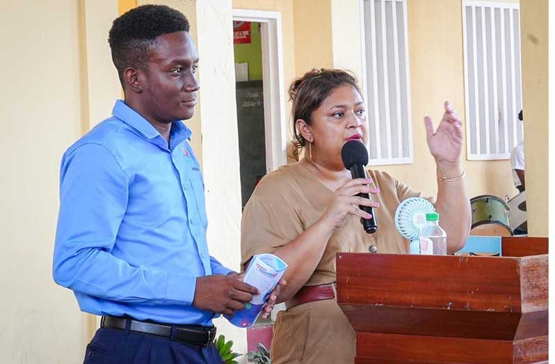 Minister of Education, Priya Manickchand and Math Specialist, Sir Leon Beaton, at the launch of the National Math Intervention Campaign at Charity Secondary School, Region 2