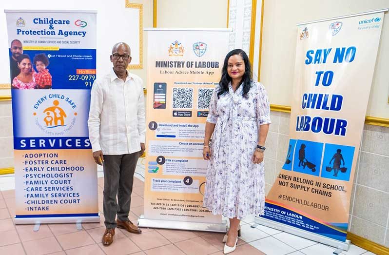 Minister of Labour Joseph Hamilton and Minister of Human Services and Social Security Dr. Vindhya Persaud at the two-day training programme focused on child safety and the elimination of child labour in Guyana (Ministry of Labour photo)
