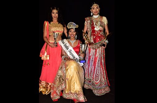 Miss India Guyana 2016, Britany Singh, sitting, as she is flanked by, from left, second runner up, Abigail Mohabir, and 1st runner up, Tahirih Boodhoo (Adrian Narine photo)