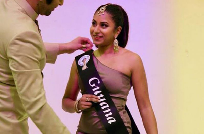 Miss India Guyana 2017 Sangeeta Bahadur being sashed at the Miss India Worldwide Pageant earlier this week (Photo courtesy Miss India Guyana Organisation)