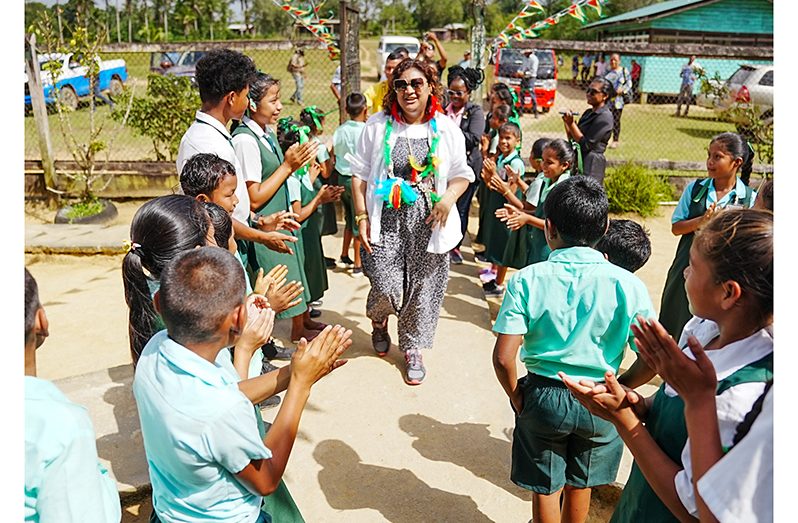 Minister of Education, Priya Manickchand, during her visit to Barima-Waini region (MoE photo)