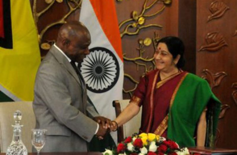 Minister of Foreign Affairs, Hon. Carl Greenidge and External Affairs Minister of India Hon. Sushma Swaraj