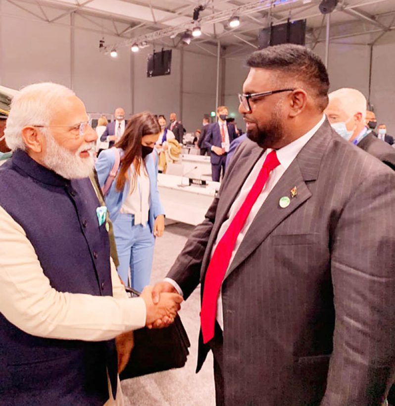 President, Dr Irfaan Ali is greeted by India’s Prime Minister, Narendra Modi