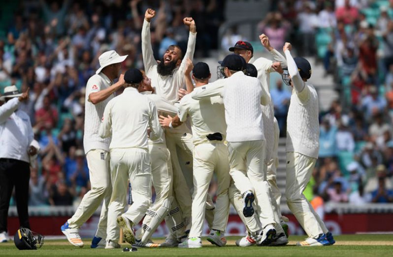 Moeen Ali  took the last three wickets to complete a memorable hat-trick as England won by 239 runs to cap off t`he 100th Oval Test