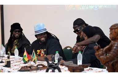The Morgan brother and Stonebwoy as they greet each other at a press conference. (Samuel Maughn Photo)